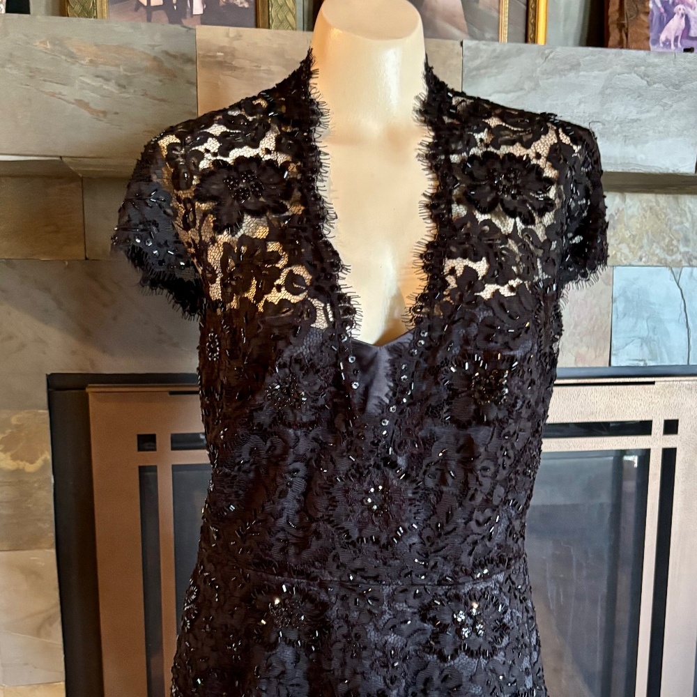 Romantic Sexy Tadashi Black Beaded Lace Cocktail Cleavage Peplum Top 8